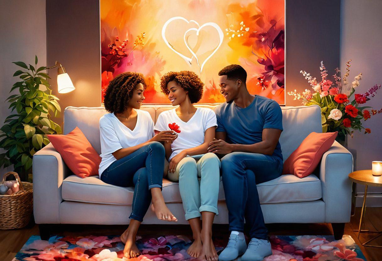 A warm and inviting scene depicting a couple sitting closely together on a cozy couch, sharing a heartfelt conversation. Soft lighting illuminates their expressions, showcasing love and trust. Surround them with symbolic elements like intertwined hearts and delicate flowers to represent deep emotional connections. background filled with an abstract, soothing color palette. super-realistic. vibrant colors.