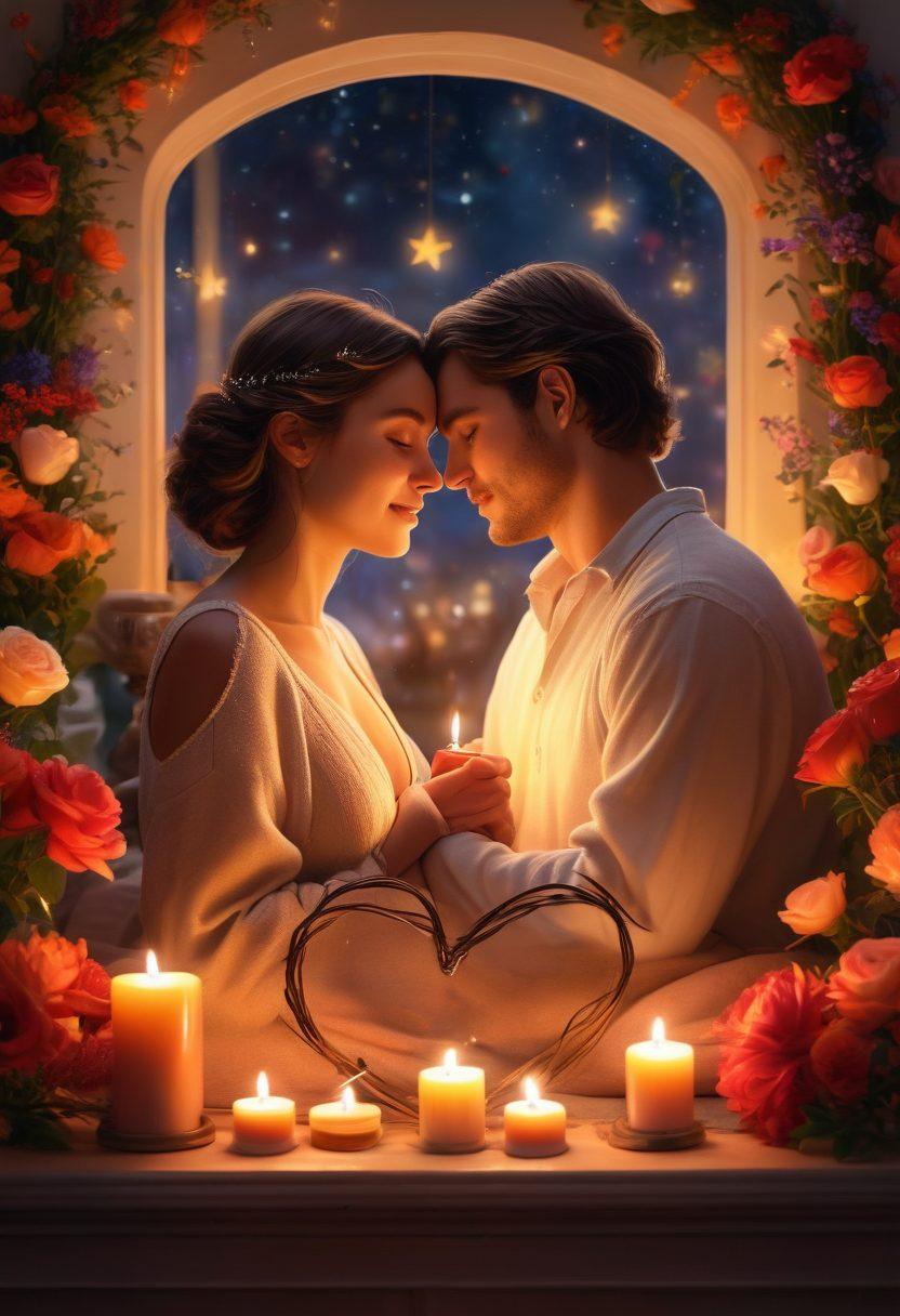A cozy, intimate setting depicting a couple sharing a heartfelt moment, surrounded by soft candlelight and vibrant flowers. Include symbols of love like intertwined hearts and glowing stars in the background. Emphasize warmth and connection through vibrant colors and gentle expressions. The scene should exude a sense of devotion and romance. super-realistic. warm colors. soft focus.