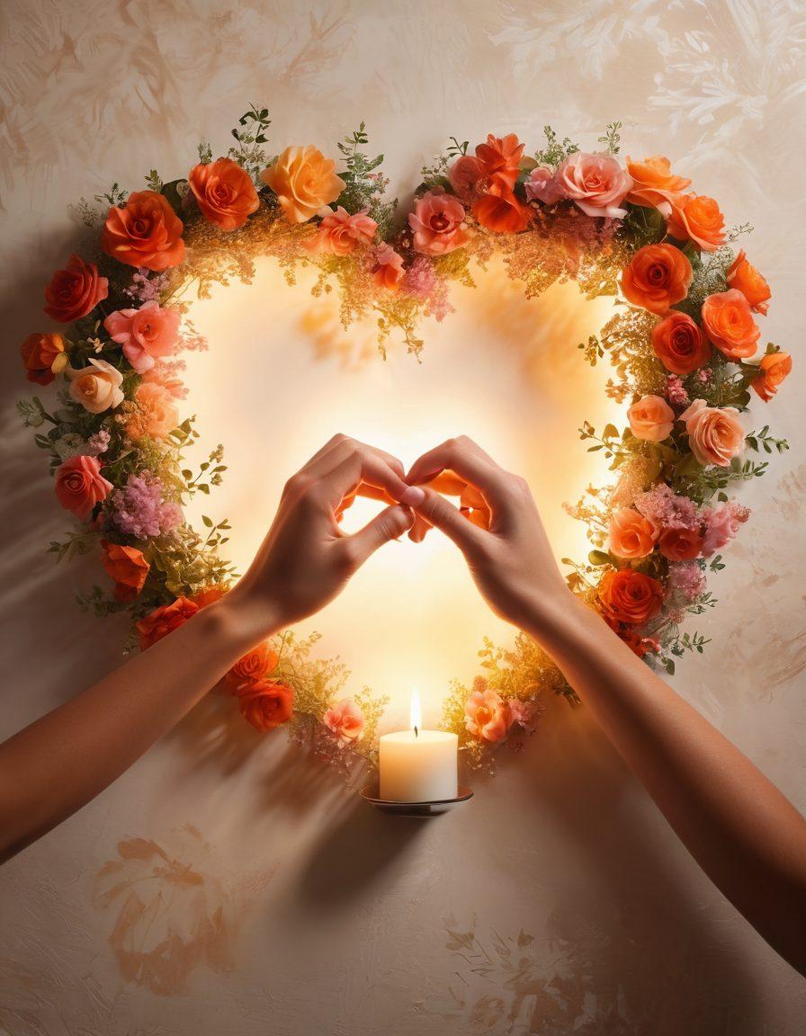 A cozy scene of two hands intertwined, surrounded by blooming flowers and soft candlelight creating an intimate atmosphere. A heart-shaped shadow on a wall symbolizing devotion, with warm colors radiating love and warmth. Ethereal background elements suggesting deep emotional connections, like wispy clouds or gentle light beams. super-realistic. vibrant colors. soft-focus.